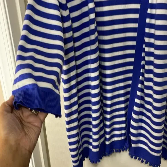 Talbots Blue White Stripe Coastal Lightweight Open Front Cardigan Pom Pom 3XP - Picture 8 of 8
